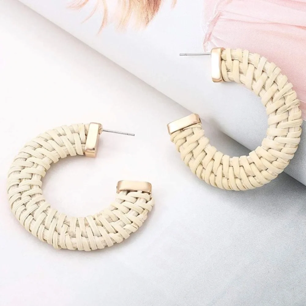 Take Me Away Bohemian Handmade Rattan Neutral Statement Earrings - Picture 2 of 9